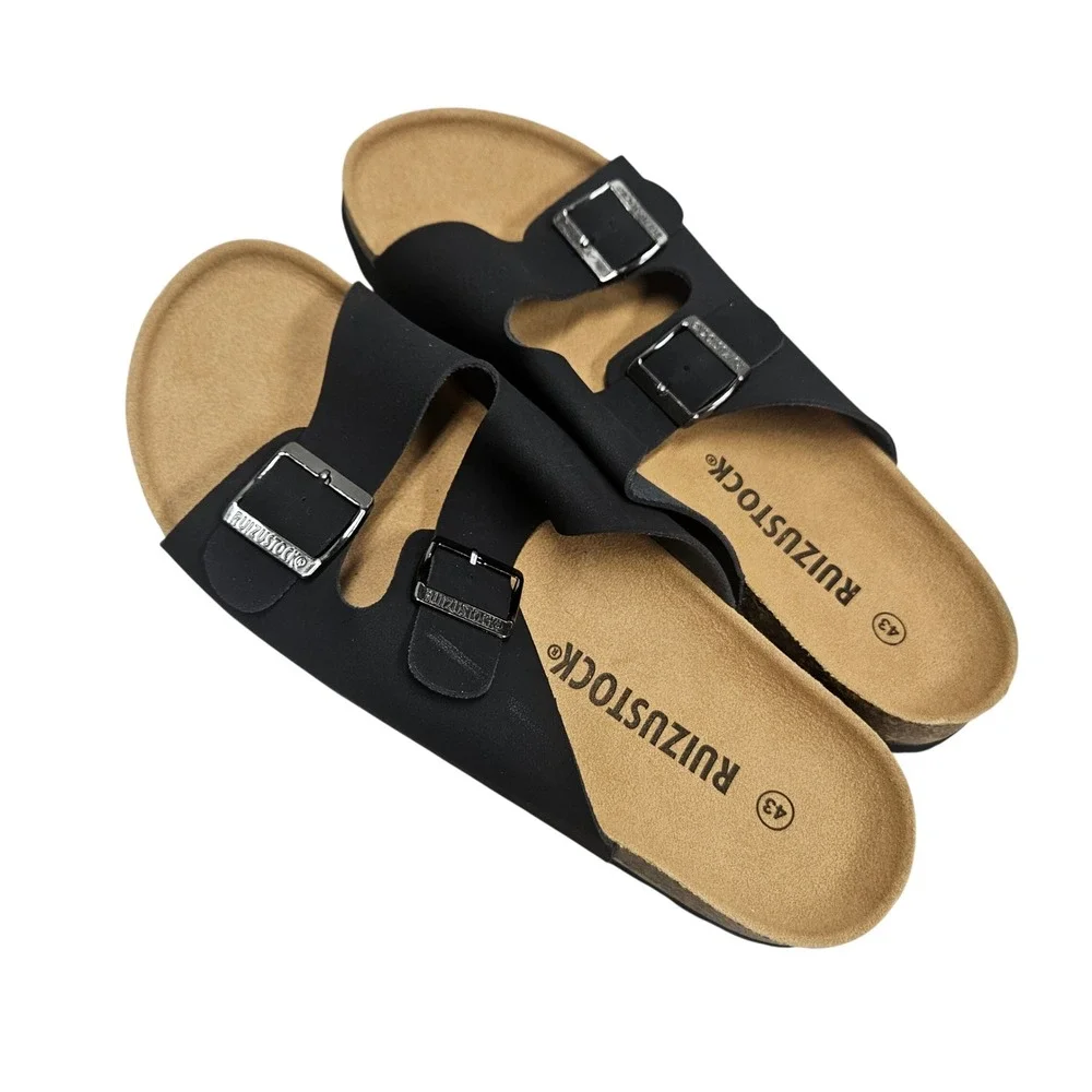 Ruizustock Sandals Mens 43 Black Double Strap Buckle Slide Comfort Cork Footbed